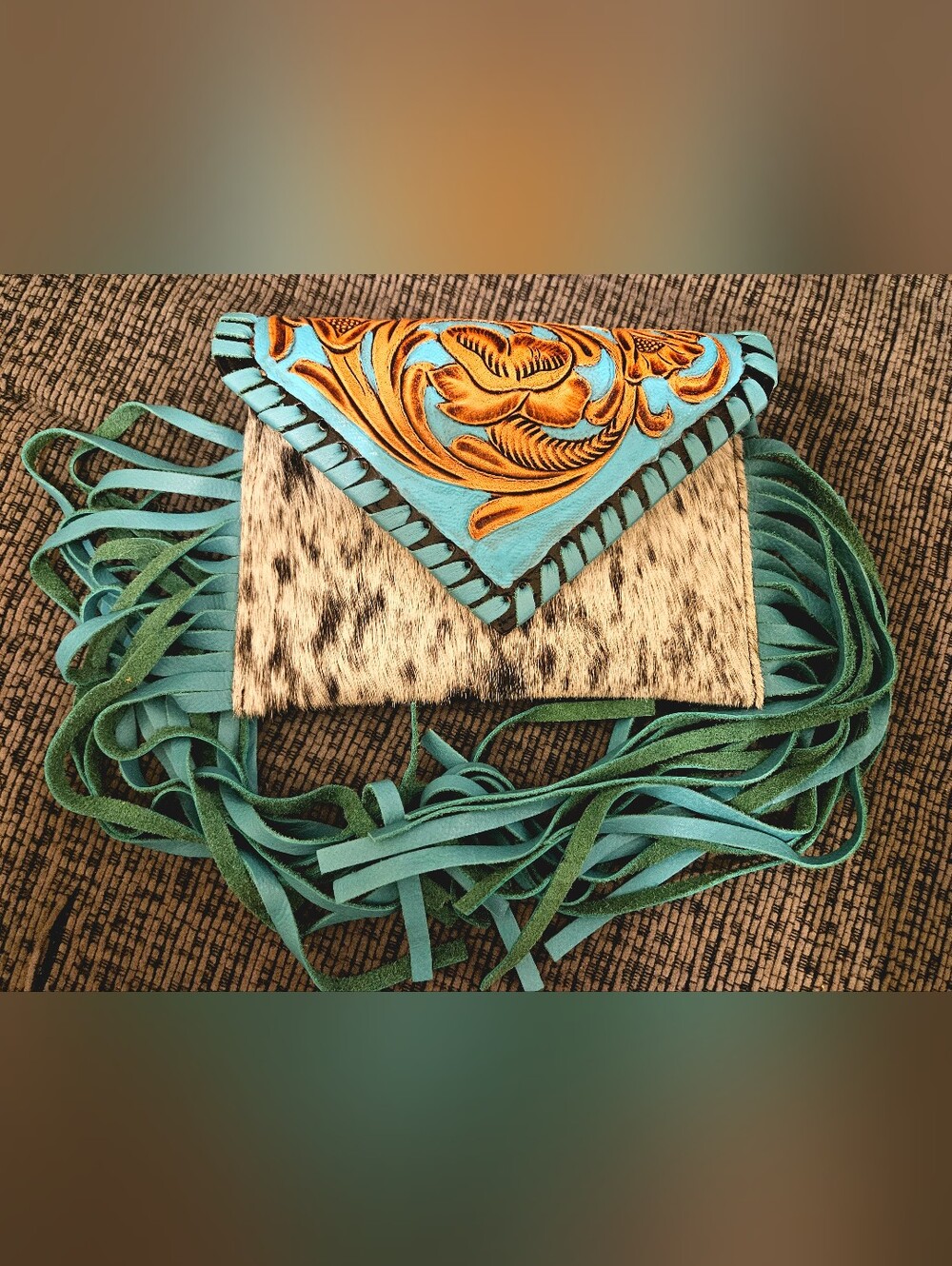 Turquoise & Tan Tooled Fringe Card Holder